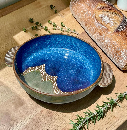Handled Blue + Green Serving Bowl