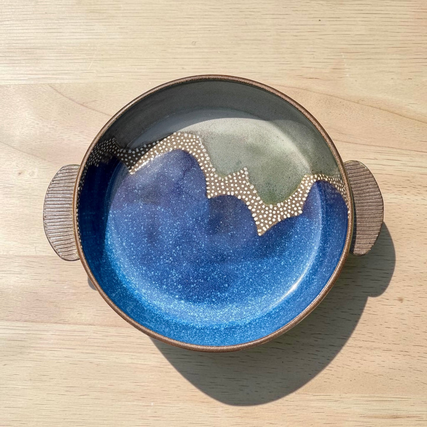 Handled Blue + Green Serving Bowl